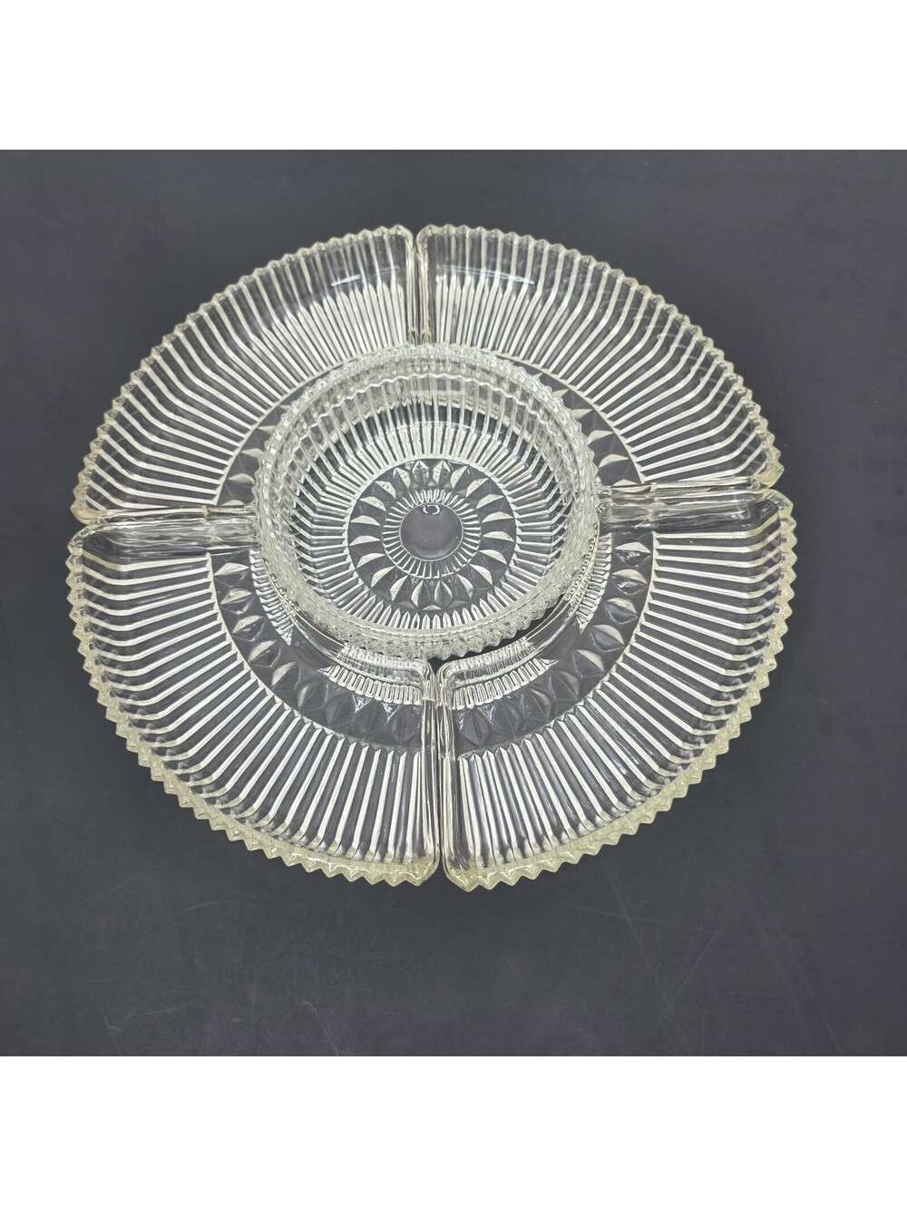 Vintage MCM Kromex Clear Ribbed Glass Lazy Susan Relish Serving Tray Trays Set